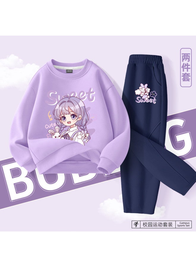 Babu Bean Children's Spring Outfit Girls' Set Spring Thin Sportswear Large Kids Basic Crewneck Sweatshirt Curved Wide-leg Pants Trendy - Image 2
